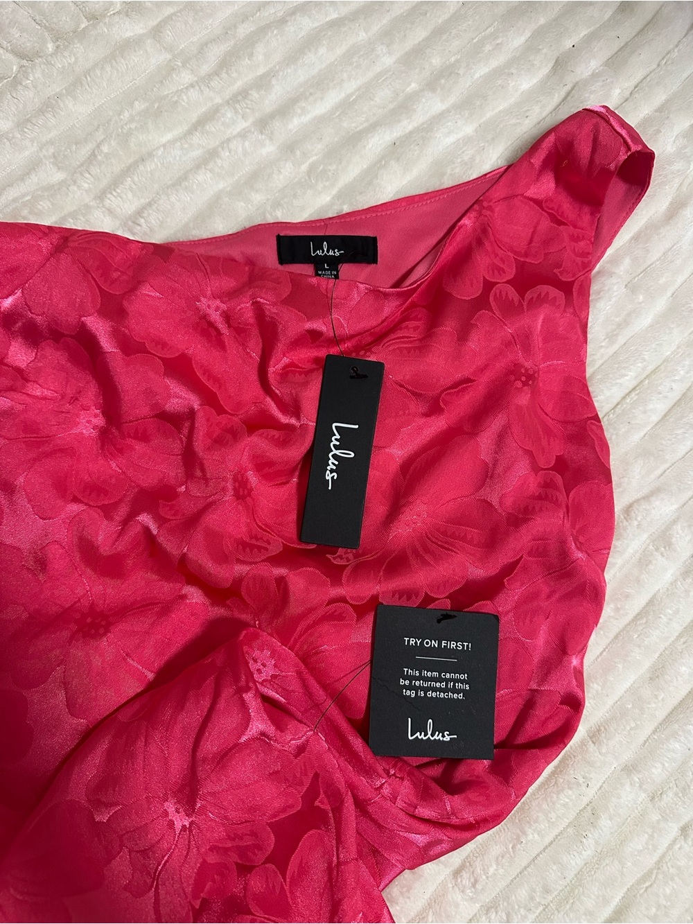 Lulu's Chasing Desire Hot Pink Satin Jacquard One-Shoulder Maxi Dress - Picture 2 of 9